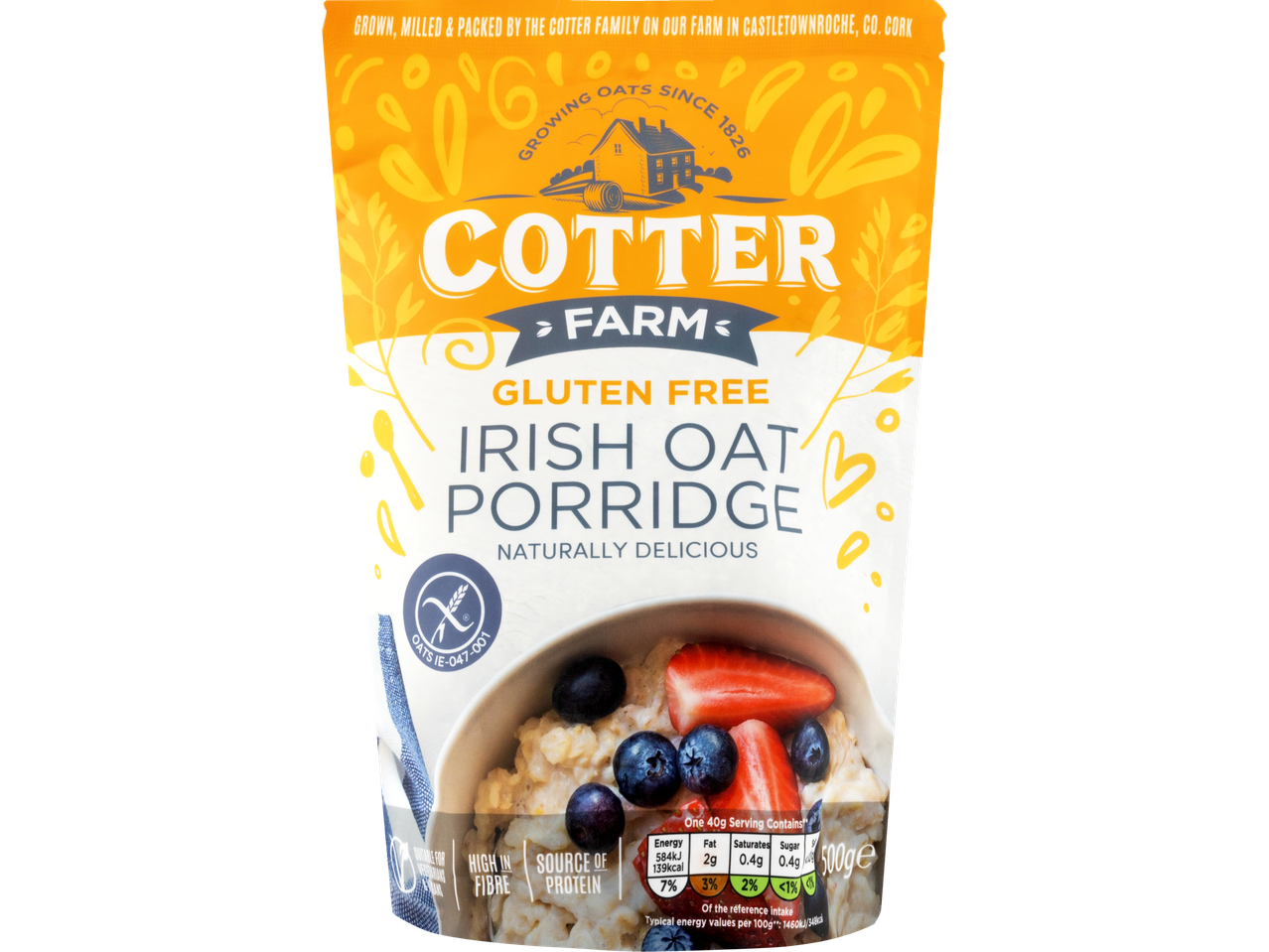 Cotter Farm Gluten Free Irish Oat Porridge with berries and nutritional information.