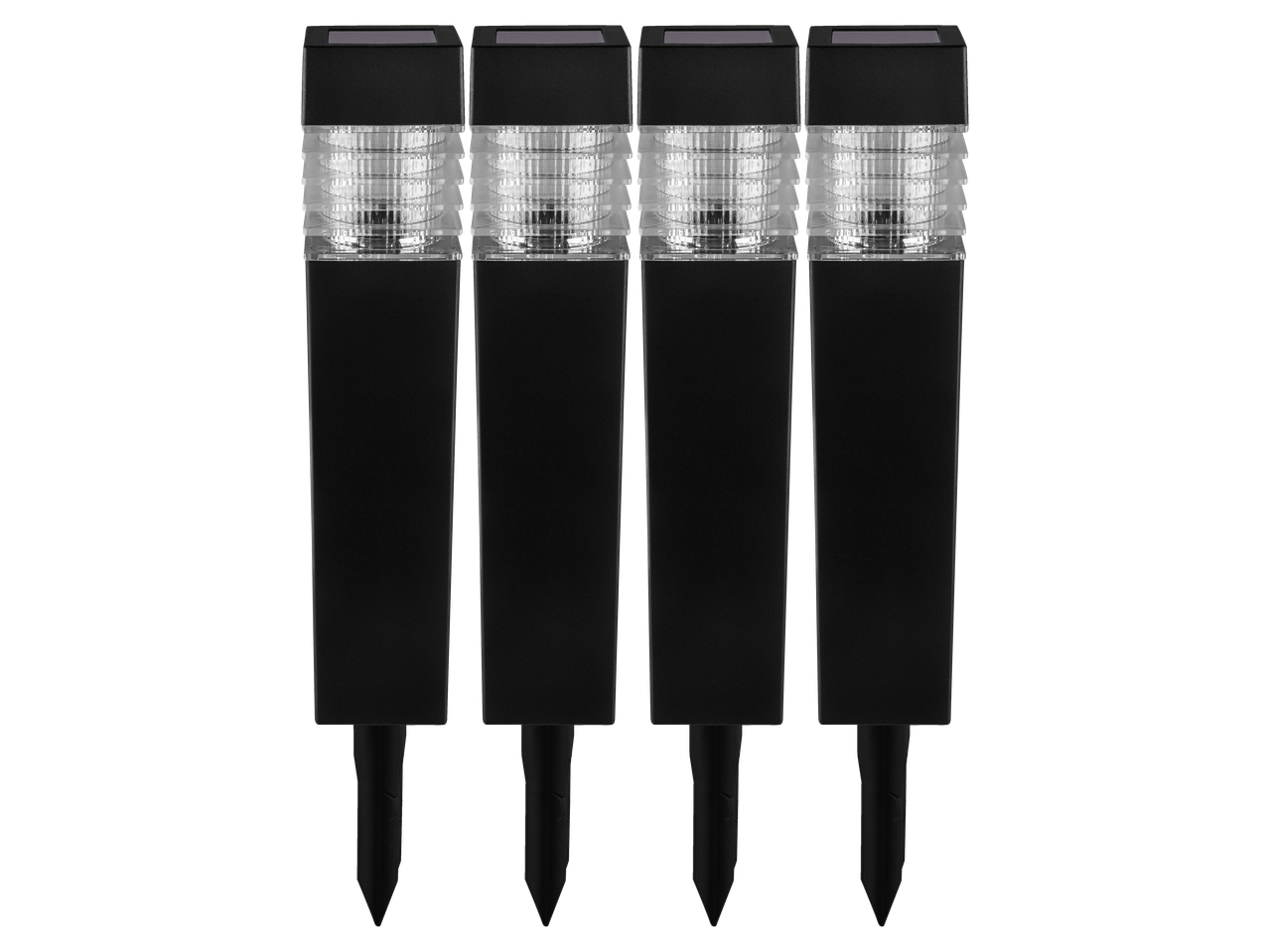 Conjunto de quatro lâmpadas solares pretas LIVARNO com abajures transparentes.