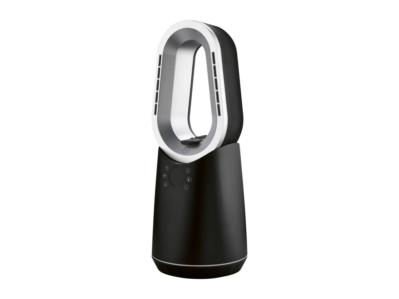 Black and silver bladeless fan heater with digital display