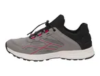 Grey and black athletic shoe with red accents and a white sole, side view.