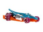 Hot Wheels-legetøjsbil formet som en blå krokodille med orange og lilla detaljer.