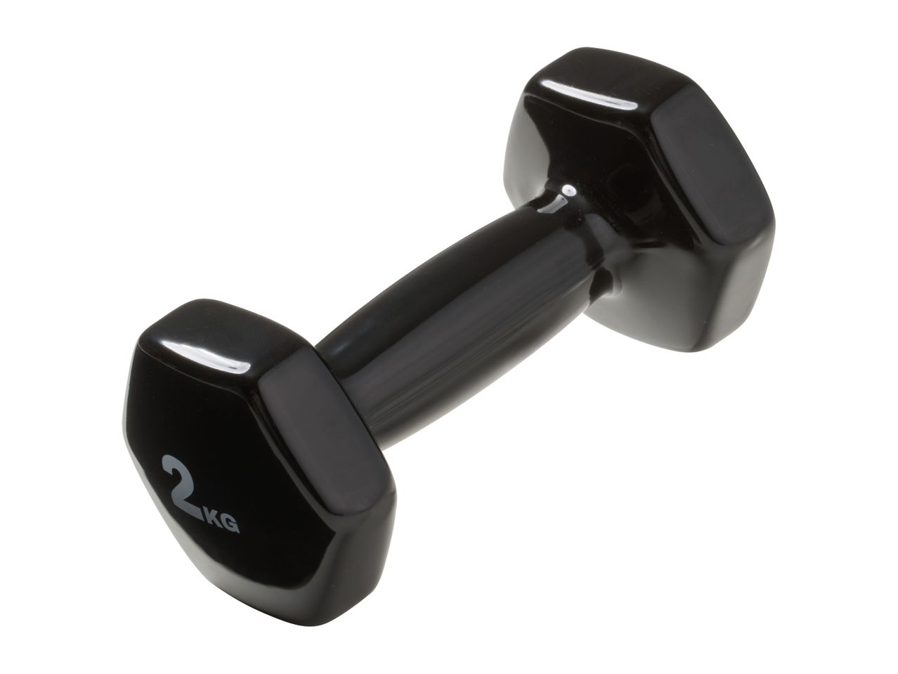 Black 2kg dumbbell with hexagonal ends, angled view.
