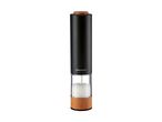 Black electric salt or pepper grinder with a wooden top and base, filled with white salt crystals.
