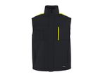 Black sleeveless work vest with yellow reflective stripes and multiple pockets
