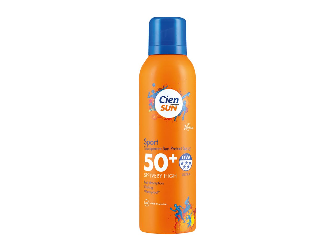Orange sport transparent sun protect spray, SPF 50+, UVA/UVB protection, vegan.