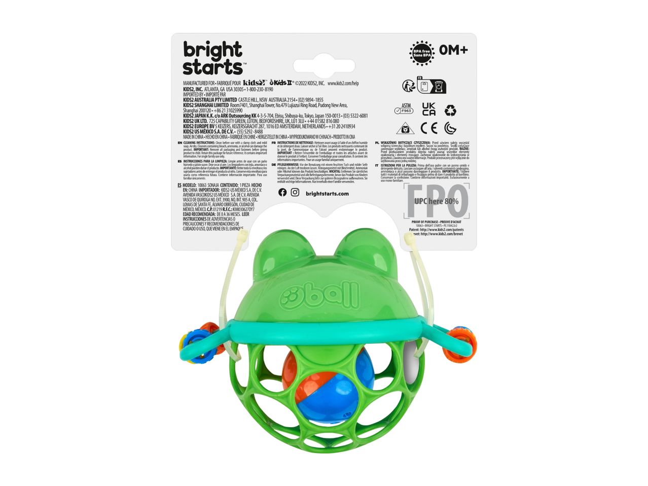 Bright Starts Oball Shaker toy with product information and branding.