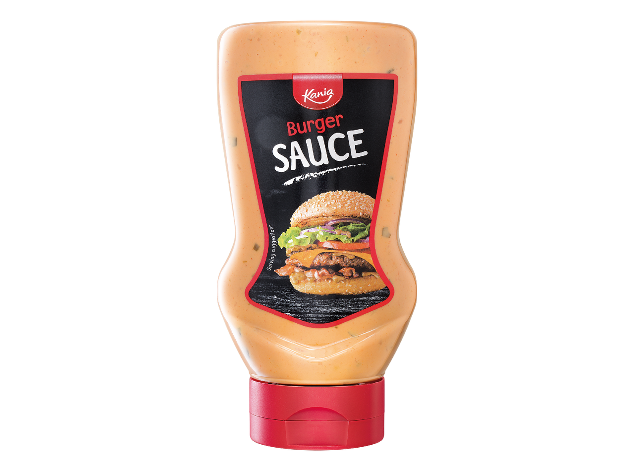 Бутилка сос за бургер с етикет, показващ бургер и надпис „Burger Sauce“