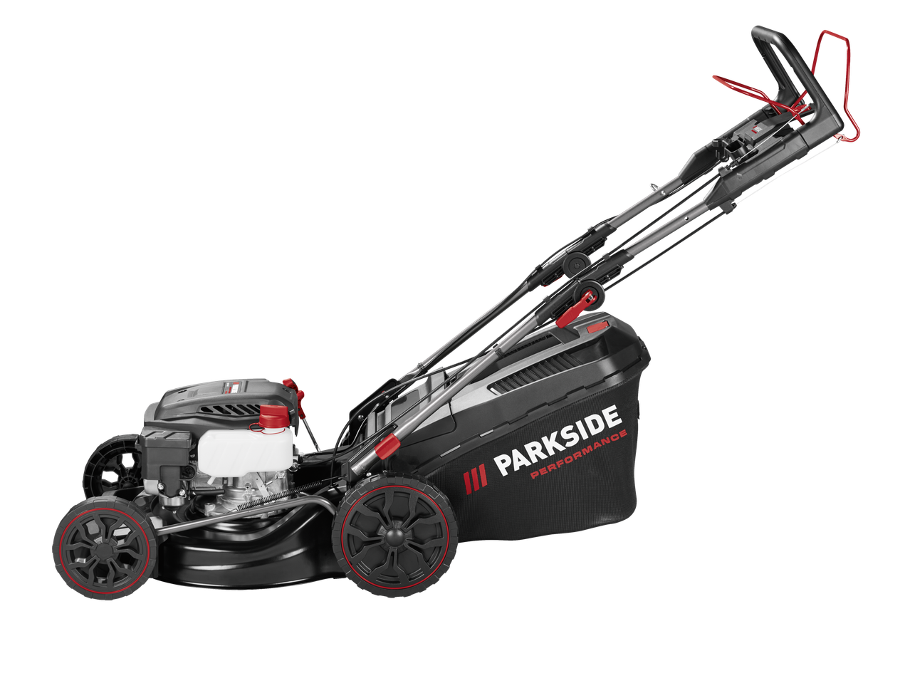 Parkside Performance® petrol lawnmower with grass collector, black and red design.