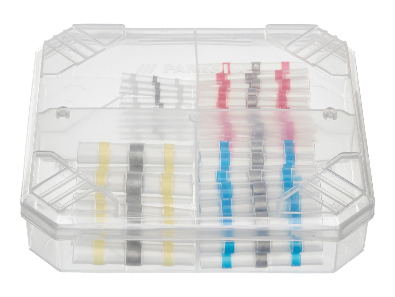 PARKSIDE heat shrink solder connectors in a clear plastic organizer.