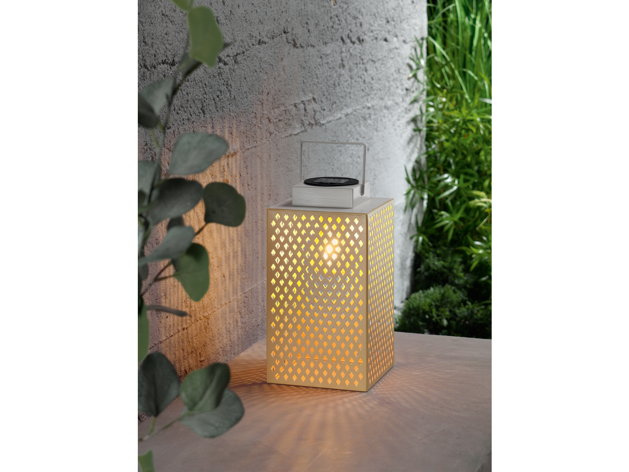 LIVARNO home LED Solar Lantern with a decorative pattern, casting light on a textured wall and surface.