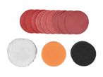 A set of red sanding discs, a white polishing pad, an orange sponge, and a black sponge.