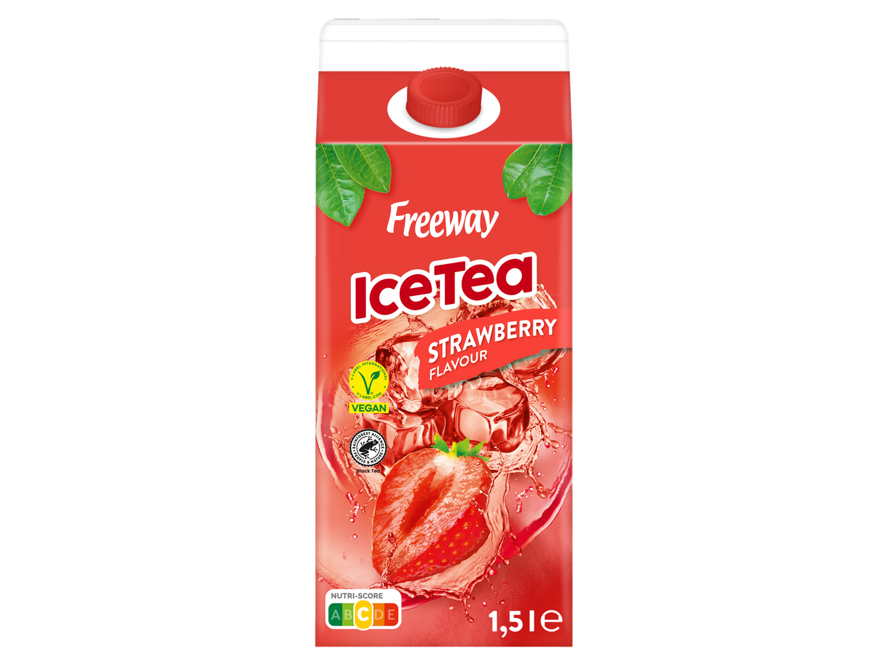 Brique de thé glacé Freeway à la fraise, 1,5L, avec Nutri-Score B et label vegan.