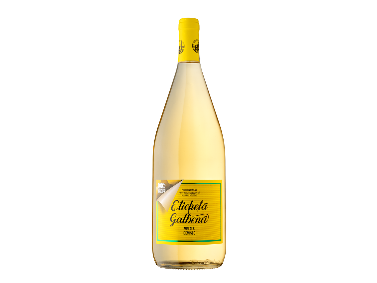 O sticlă de vin alb Eticheta Galbenă cu o etichetă galbenă.