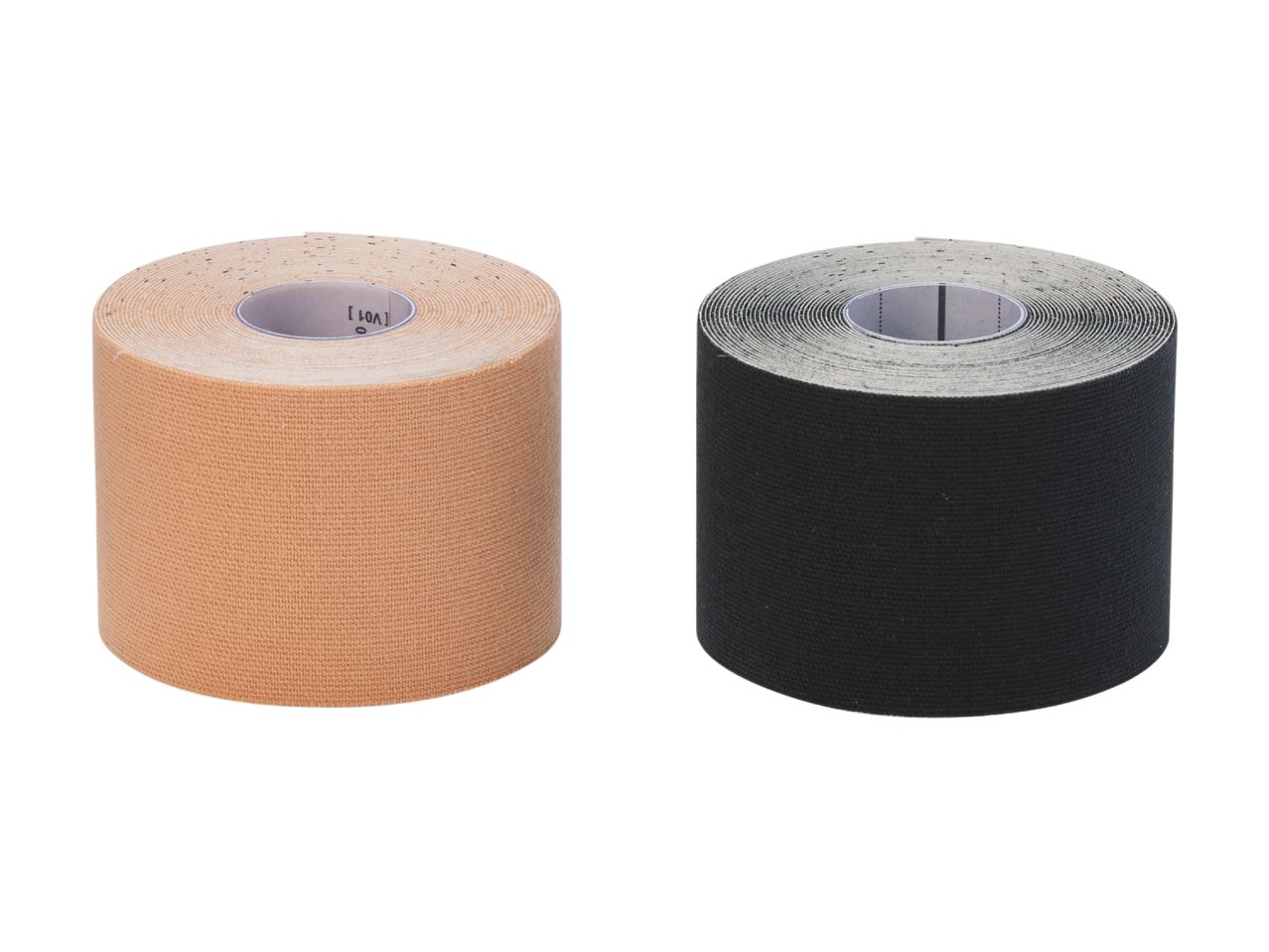 Two rolls of kinesiology tape, one beige and one black, on a white background.