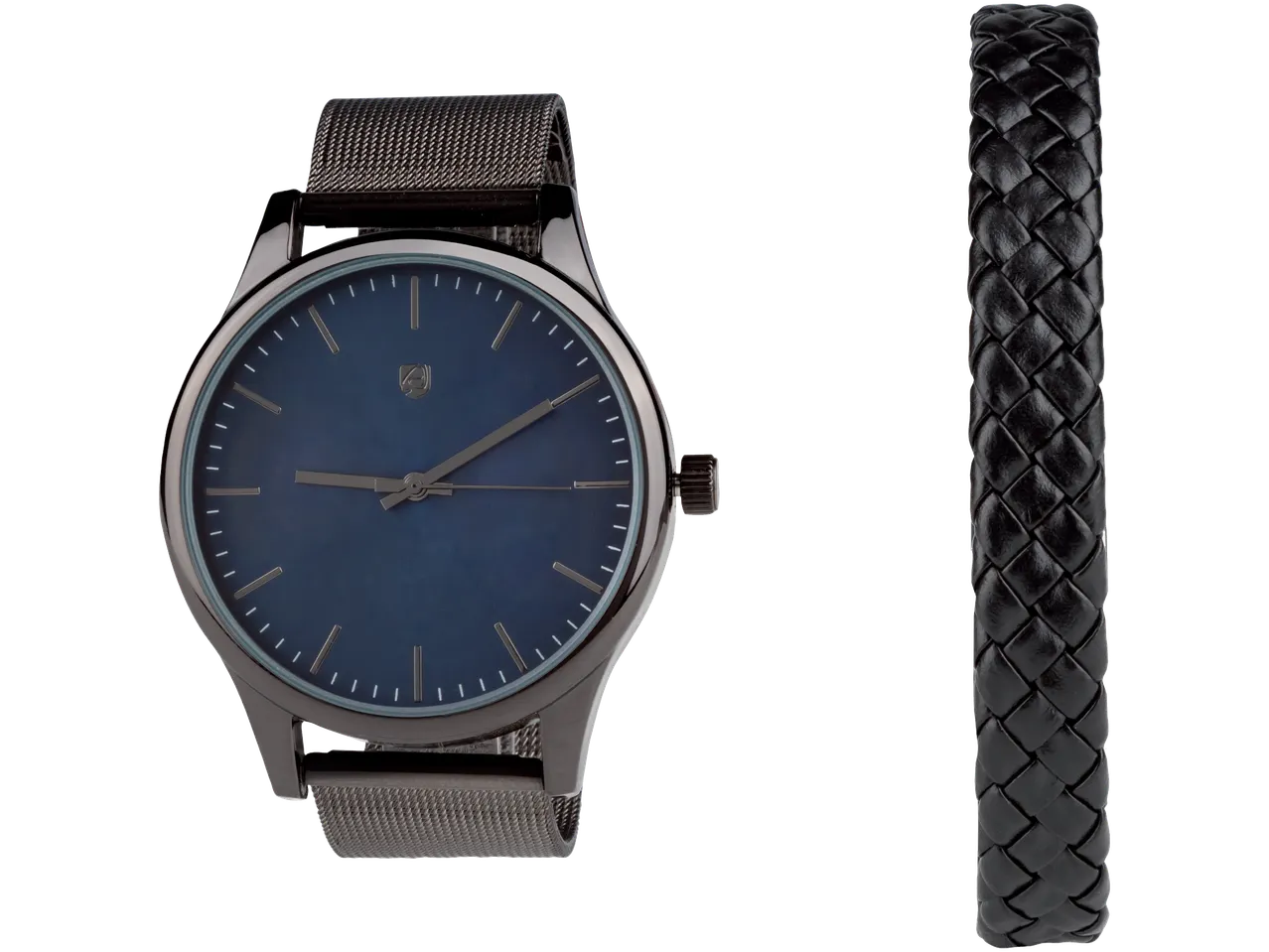 AURIOL® Watch and Jewellery Set with a dark blue watch and a black braided bracelet.