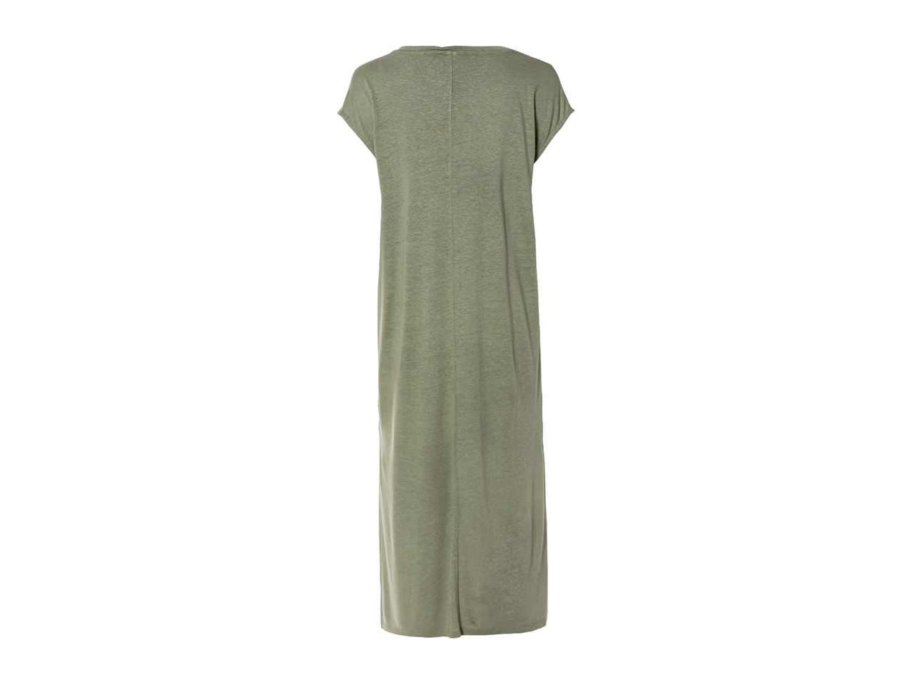Back view of a long, loose-fitting olive green maxi dress with short sleeves