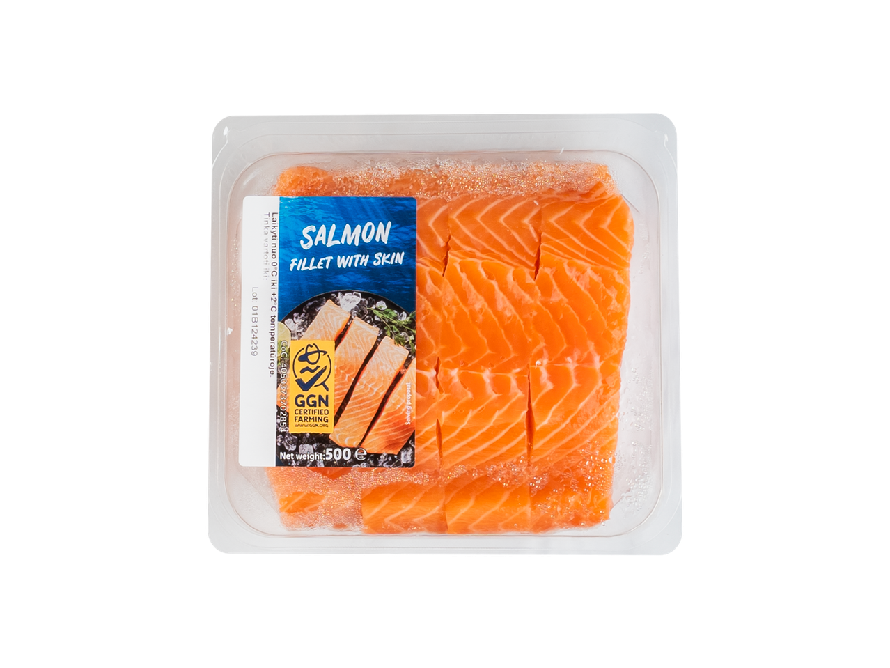 500 g GGN sertifikuotų lašišos filė gabalėlių su oda.