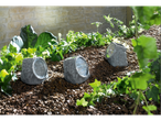 Three solar-powered rock lights nestled in mulch and greenery.