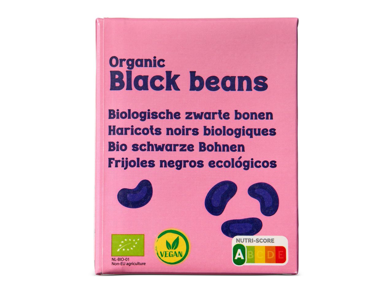Roze verpakking van biologische zwarte bonen met meertalige tekst en veganistisch label.