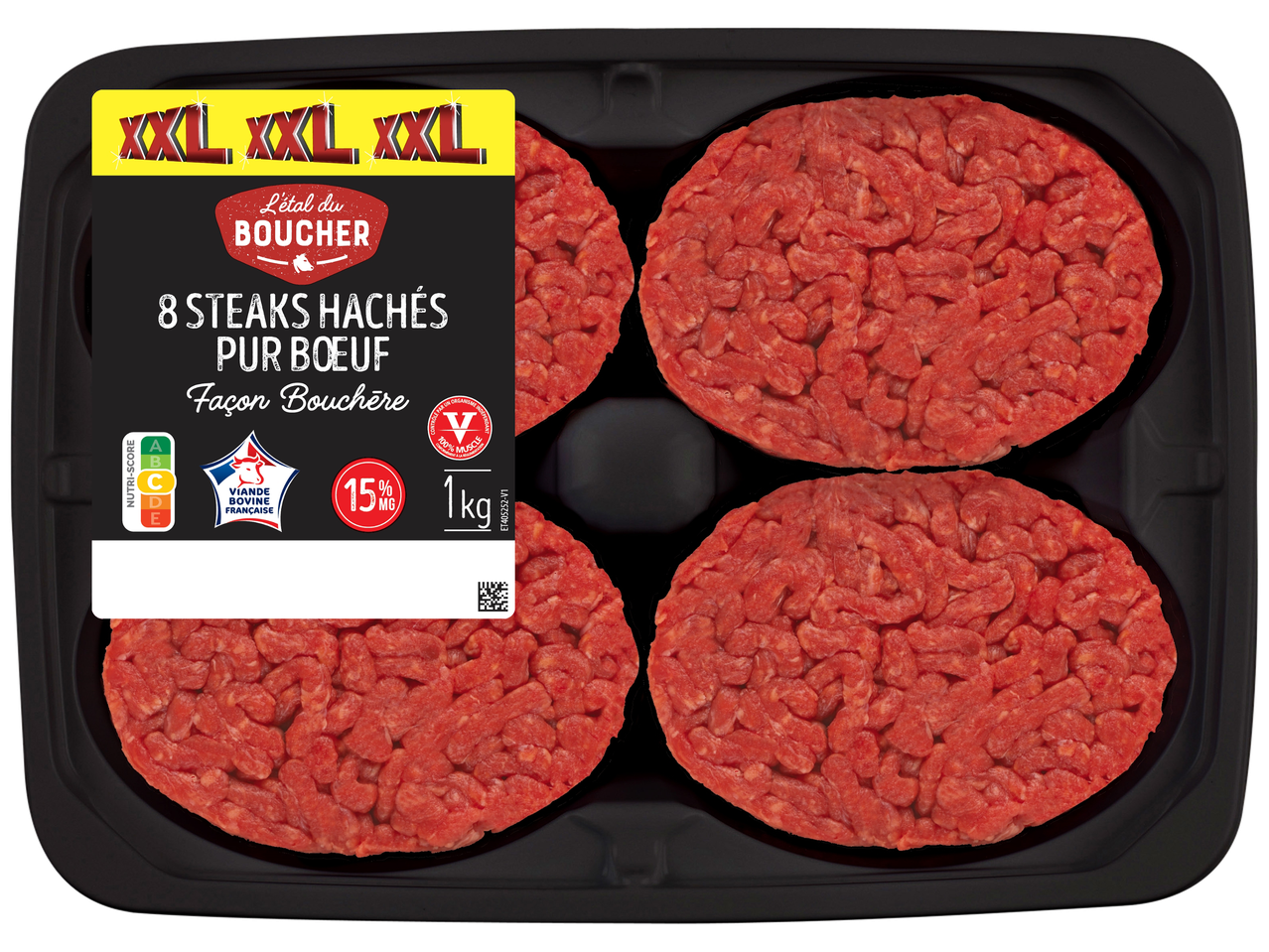 Huit steaks hachés de bœuf pur, façon bouchère, avec Nutri-Score C et 15% de matière grasse.