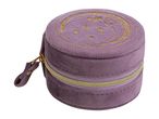 A purple velvet round jewelry box with a gold zipper and moon and stars embroidery.