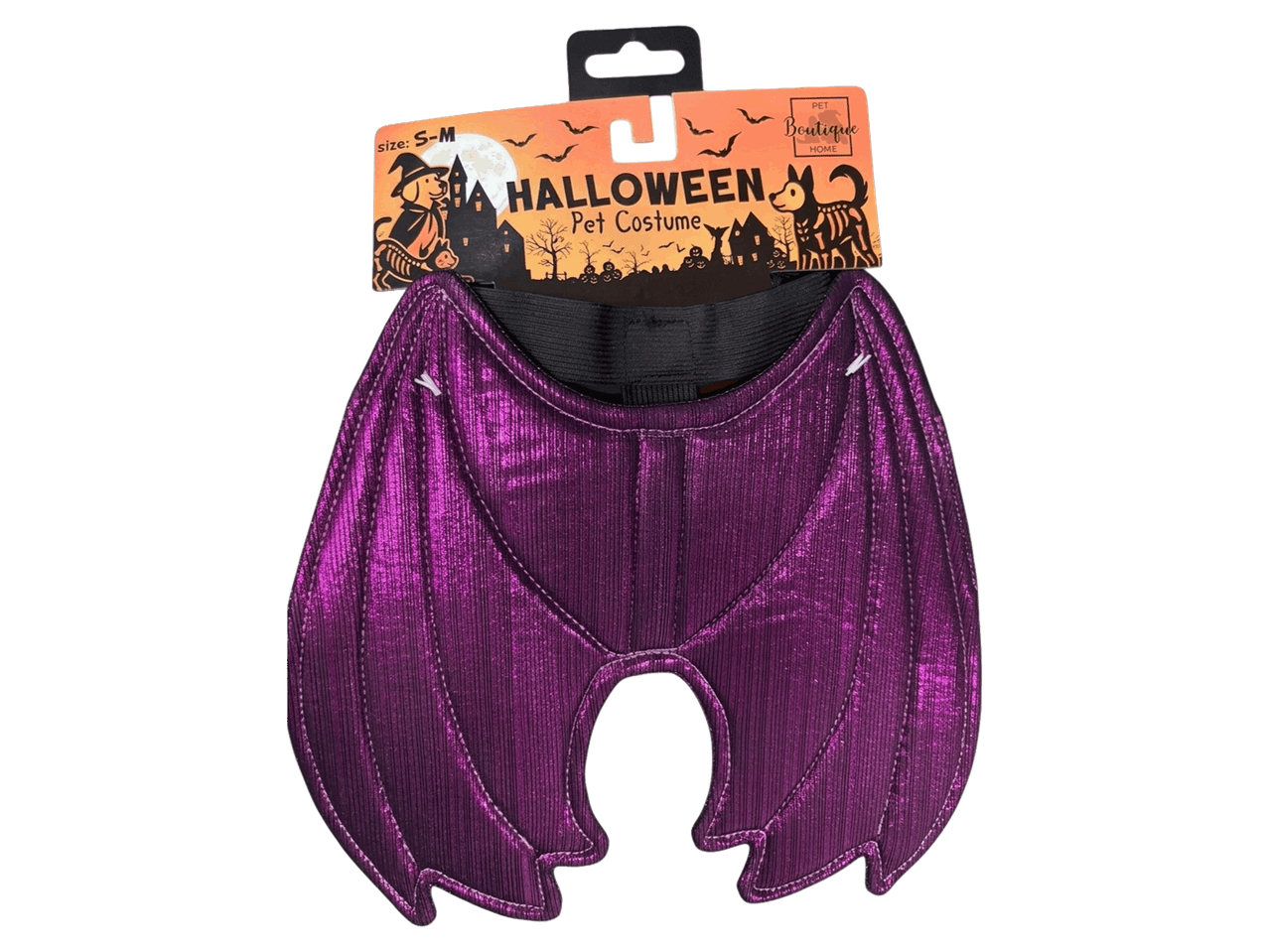 Lila, csillogó denevérszárnyas Halloween kisállat jelmez.