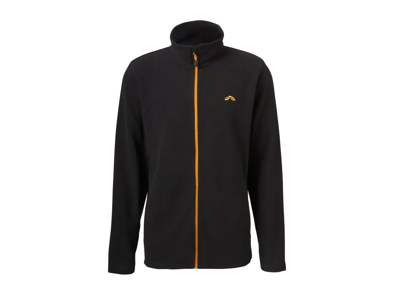 Men's black fleece jacket with an orange zipper and logo