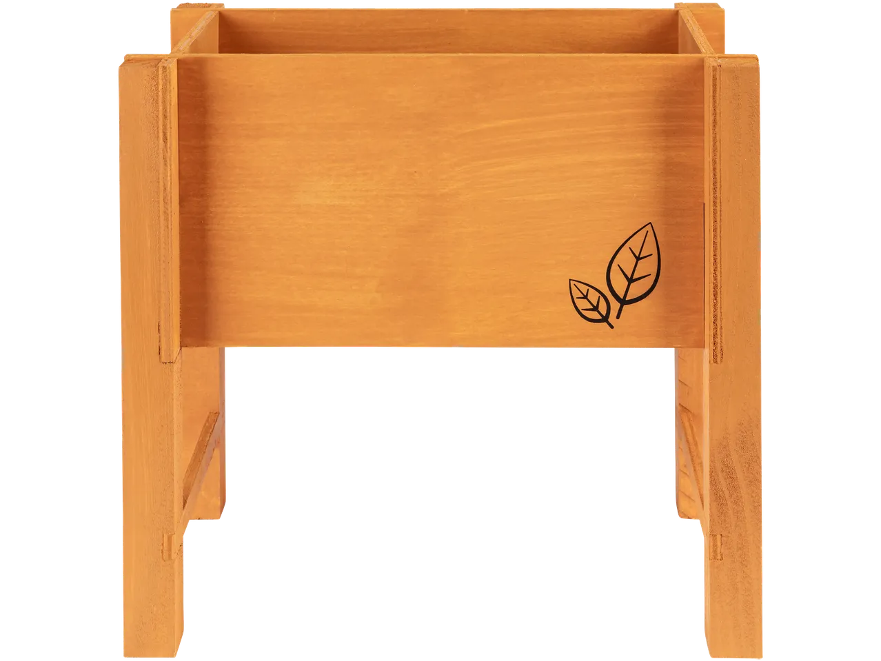 Wooden planter box with leaf design.