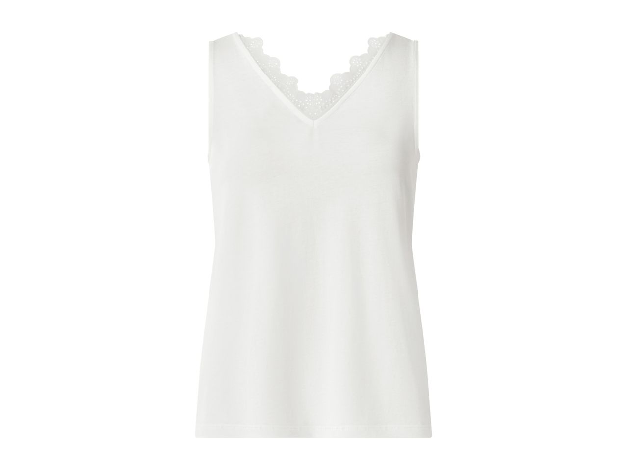 White women's sleeveless top with a V-neck and lace trim