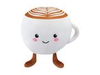A plush toy shaped like a coffee cup with latte art, a smiling face, and small brown legs.