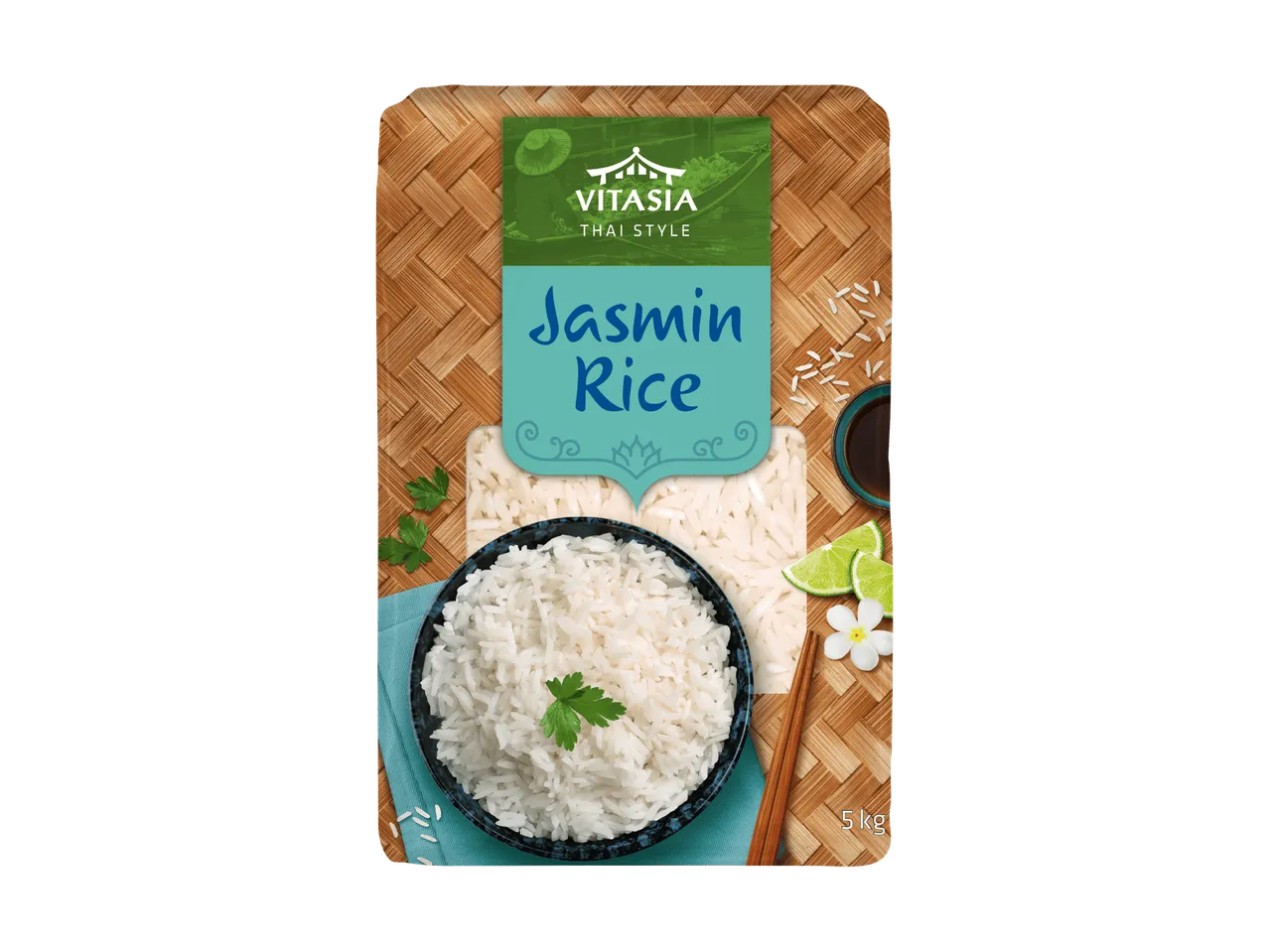 Packung Jasminreis im Thai-Stil mit einer Schale gekochtem Reis und Essstäbchen.