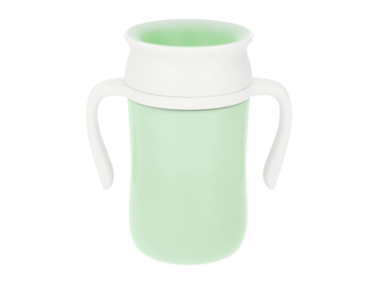 Green baby training cup with white handles and rim