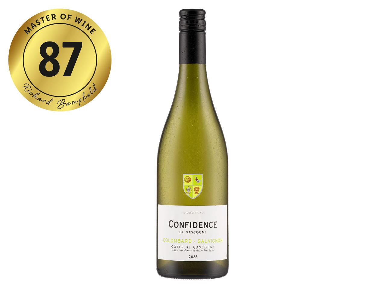 Confidence de Gascogne Colombard-Sauvignon white wine bottle with an 87-point Master of Wine rating.