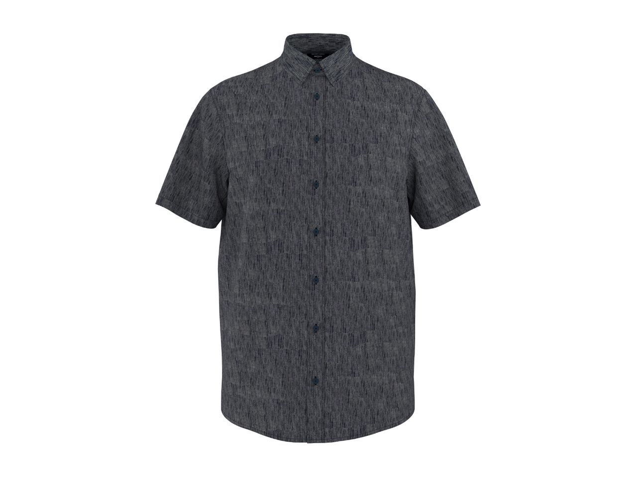 Men's short-sleeved button-up shirt in dark blue with a textured pattern.