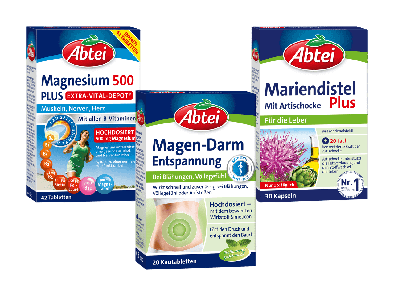 Drei Abtei-Produkte: Magnesium 500, Magen-Darm Entspannung und Mariendistel Plus.