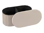 Beige pleated storage ottoman with a removable lid and internal dividers.