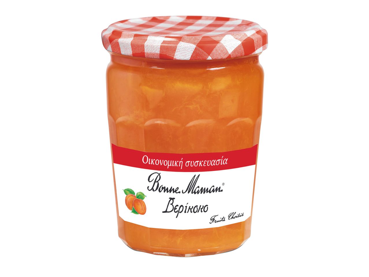 Ένα βάζο μαρμελάδας Bonne Maman βερίκοκο με καρό καπάκι.