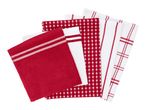 Red and white kitchen towels with various patterns, including stripes and gingham.