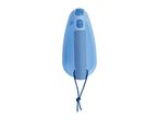 A light blue handheld shoe horn with a cord.