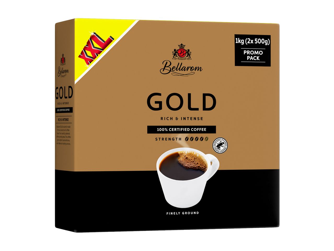 A 1kg promo pack of finely ground coffee, rich and intense, 100% certified.