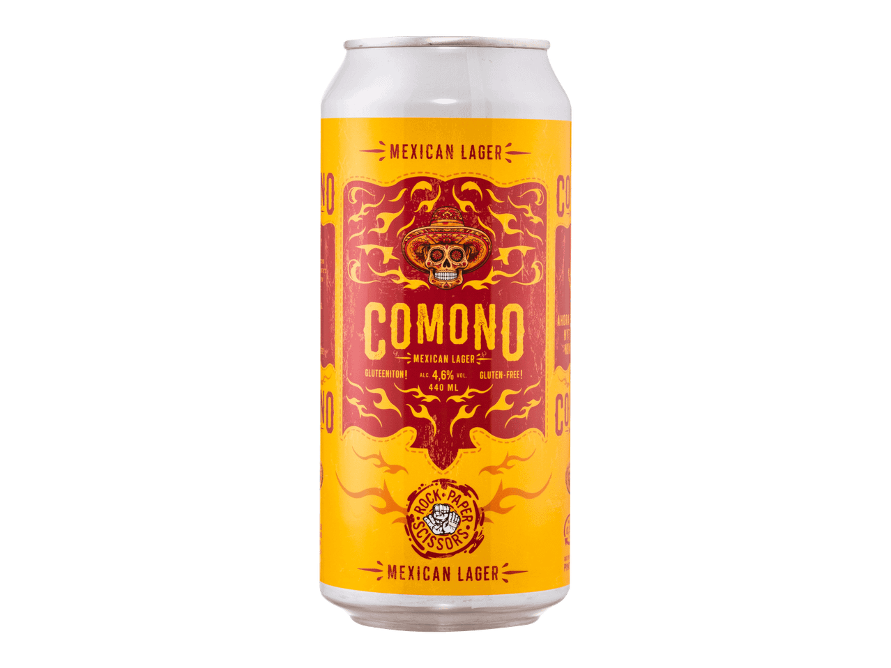 Comono Mexican Lager -olutpurkki, jossa on pääkallo ja sombrero.