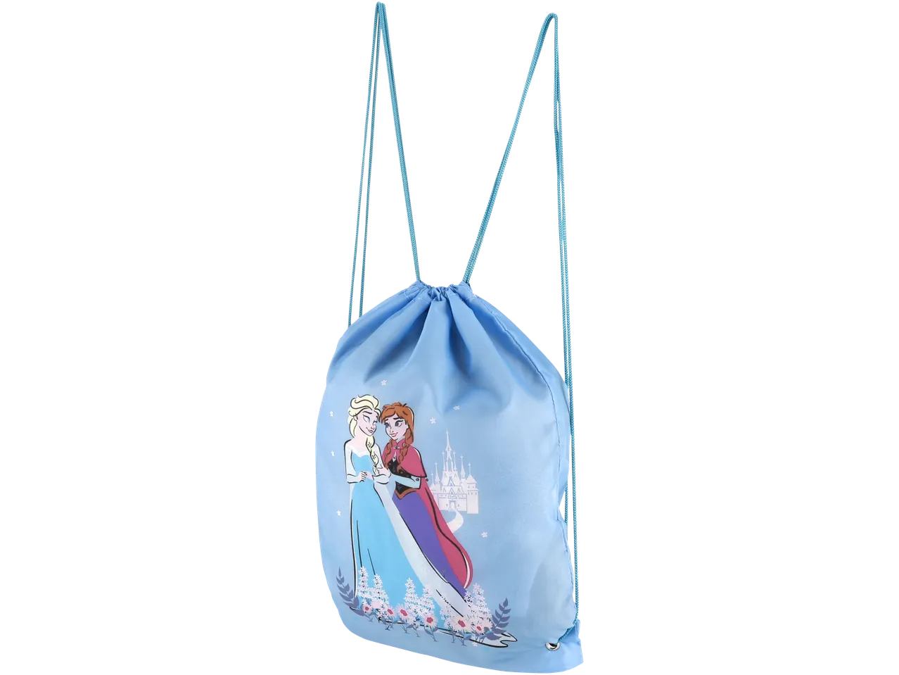 Világoskék Frozen zsákos hátizsák húzózsinórral, Elsával és Annával.
