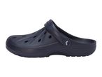Dark blue slip-on clogs with ventilation holes and a textured sole, viewed from the side.