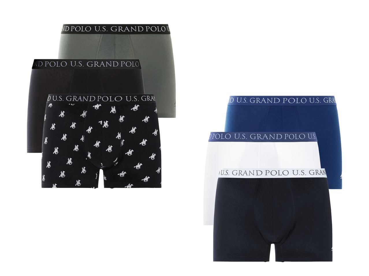 Sechs Herren-Boxershorts in verschiedenen Farben und Mustern, darunter Schwarz, Grau, Blau und Weiß.
