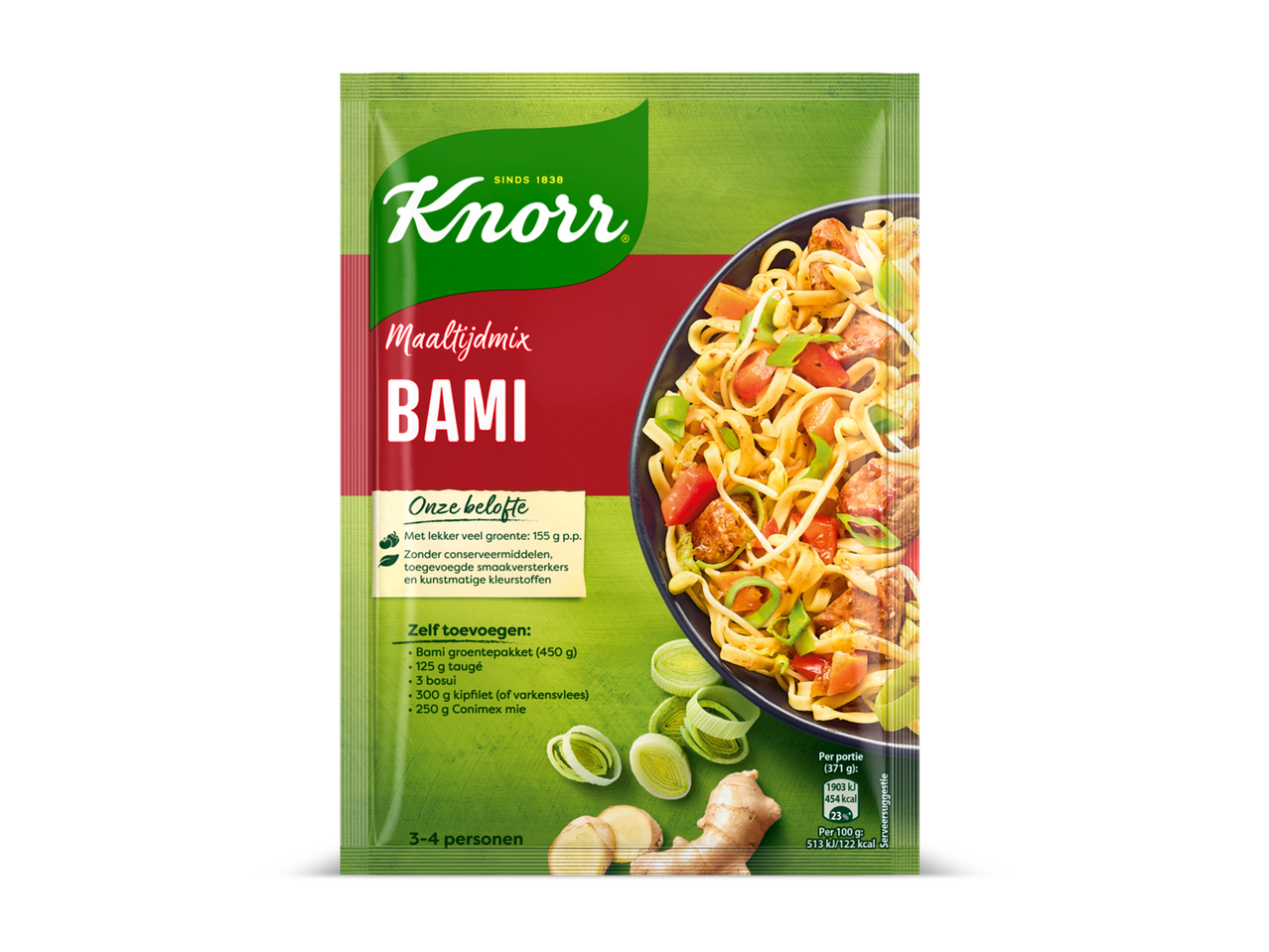 Maaltijdmix voor bami met groenten, kip en mie, met voedingswaarden en serveersuggestie.