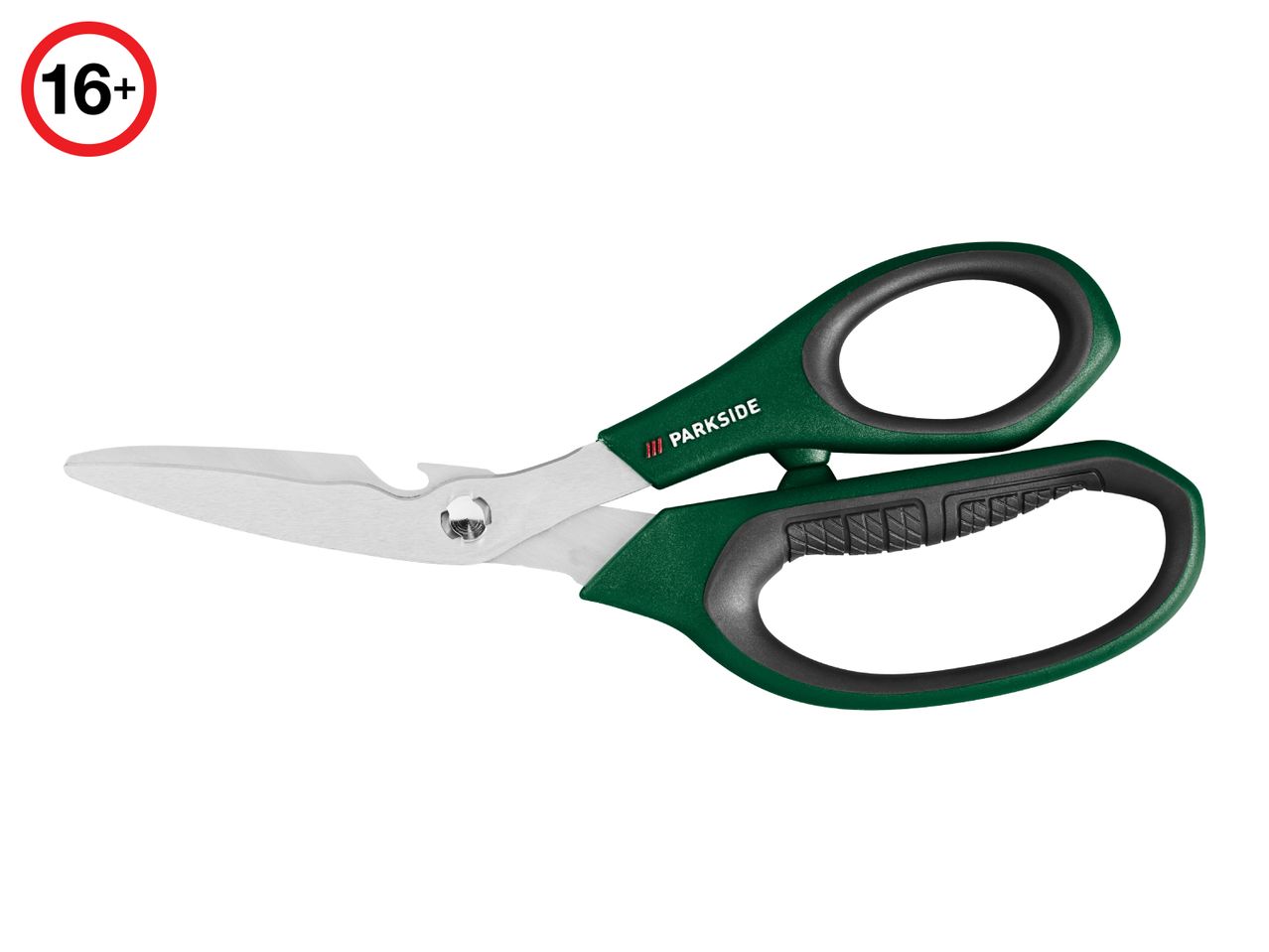 Green and black multi-purpose scissors with a 16+ age restriction symbol.