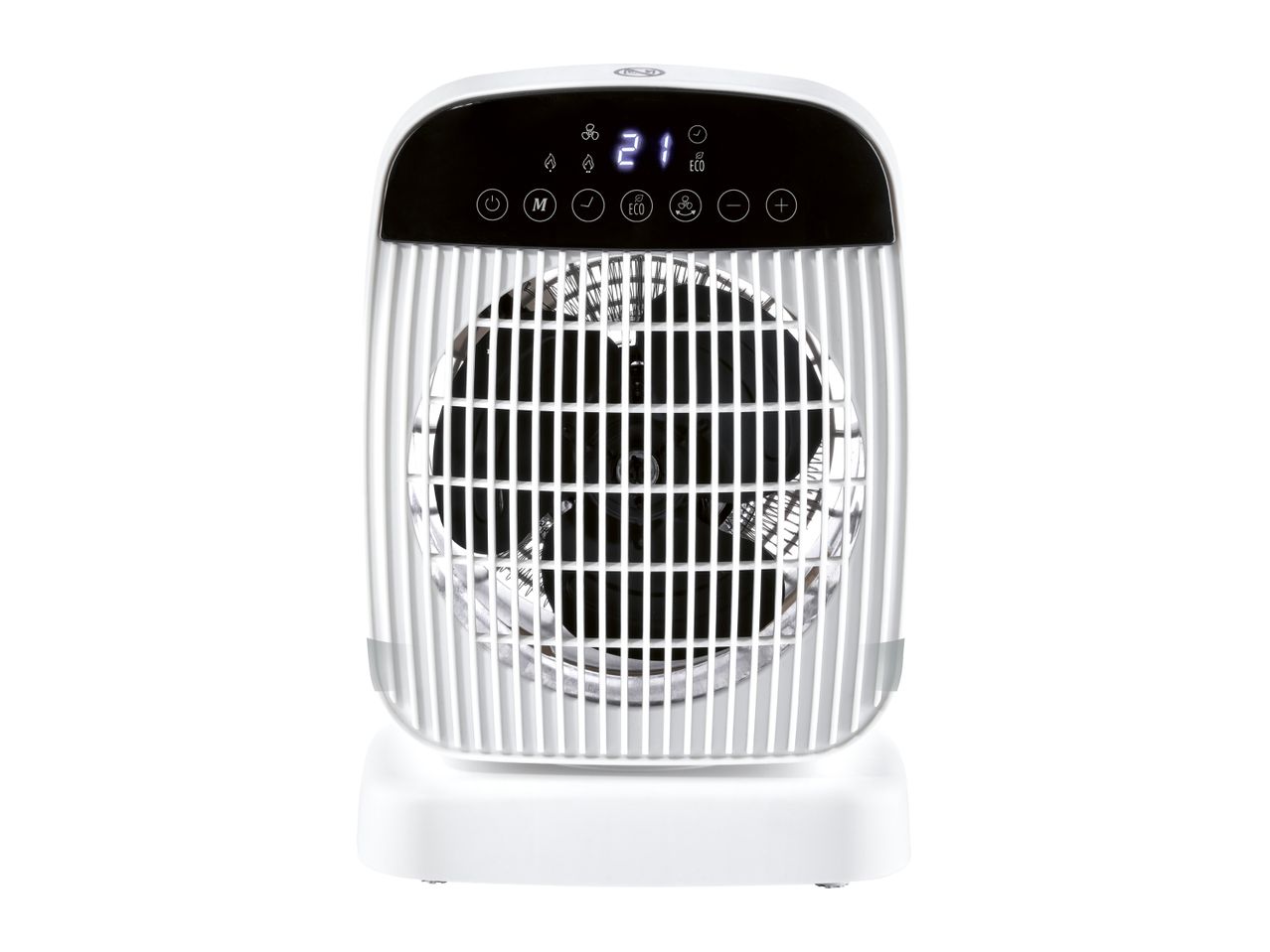 White ceramic fan heater with digital display and touch controls