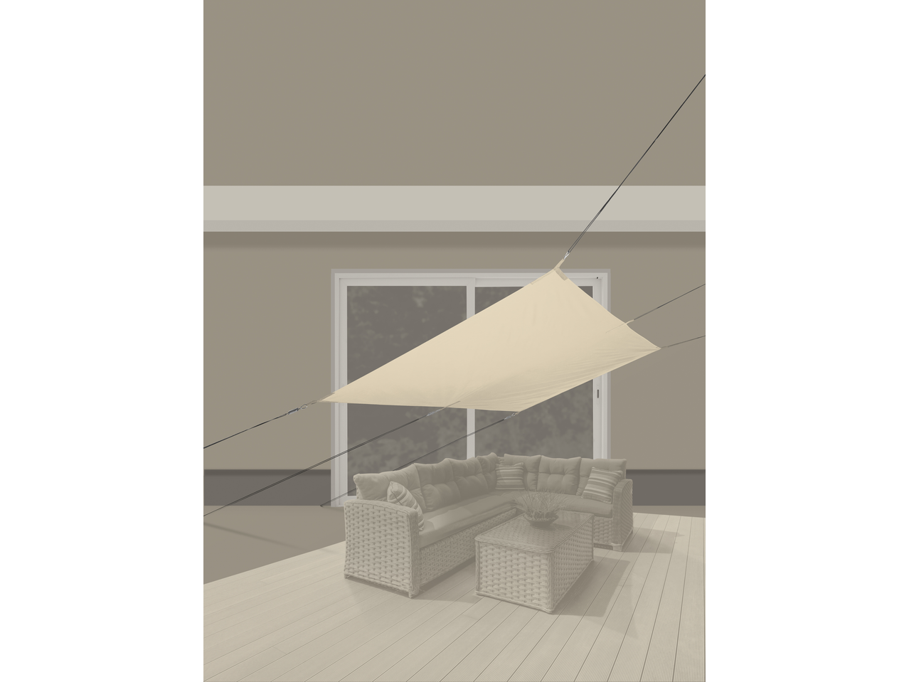 Bež senčno jadro nad teraso z vrtnim pohištvom iz protja.
