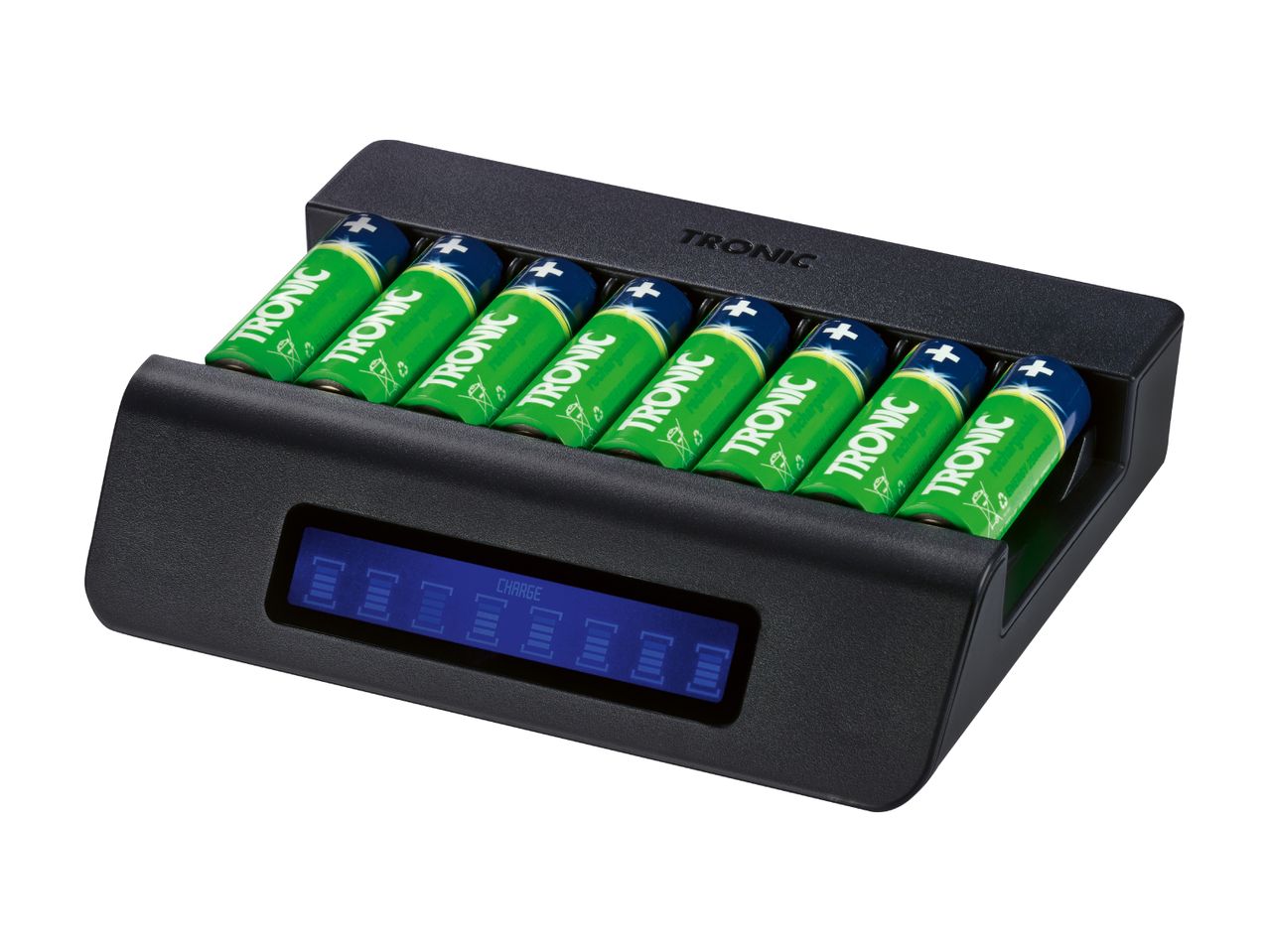Ein TRONIC-Batterieladegerät mit acht wiederaufladbaren Batterien.