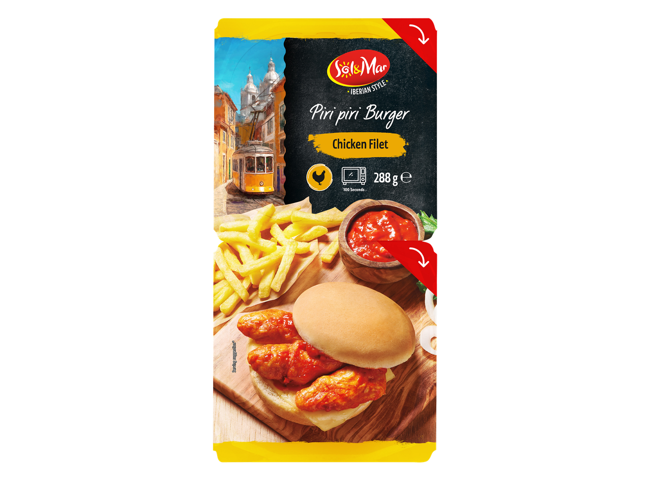 Verpakking voor Piri piri Burger Chicken Filet, 288g, met een afbeelding van een burger, friet en een tram in Lissabon.